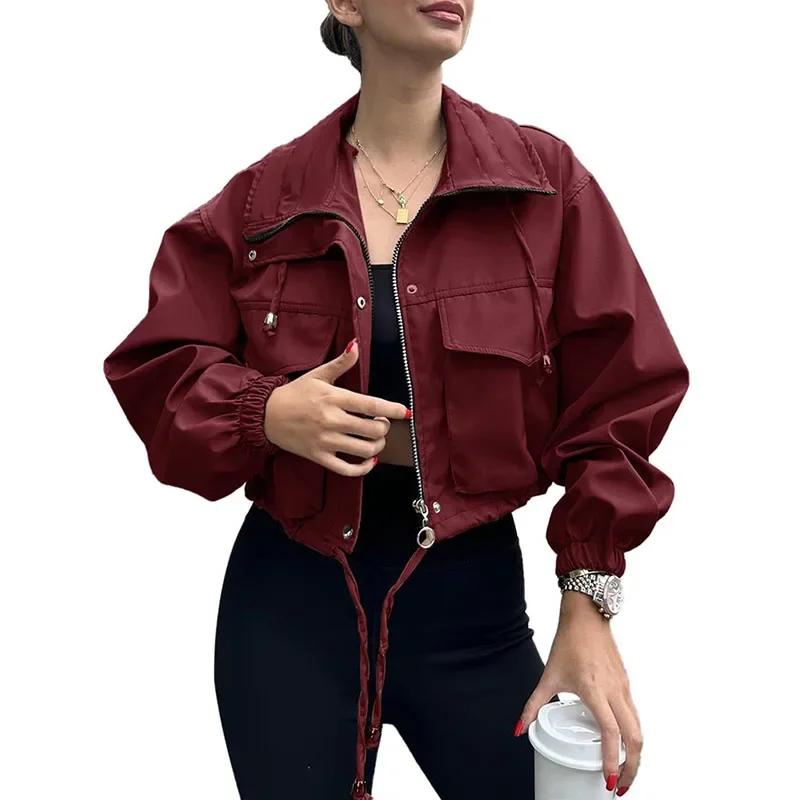 Cappotto Corto da Donna Casual con Coulisse, Monopetto, con Zip, Manica Lunga, Giacca da Donna Autunnale, Cappotti da Strada per Signora