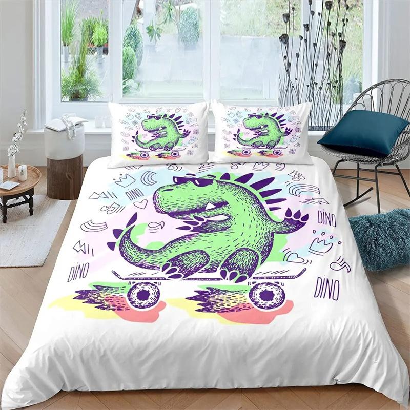 Cartoon Dinosaur Duvet Cover Dinosaur Theme Bedding Green Dinosaur Hello Bro Pattern Bedroom Decoration for Children Women Men