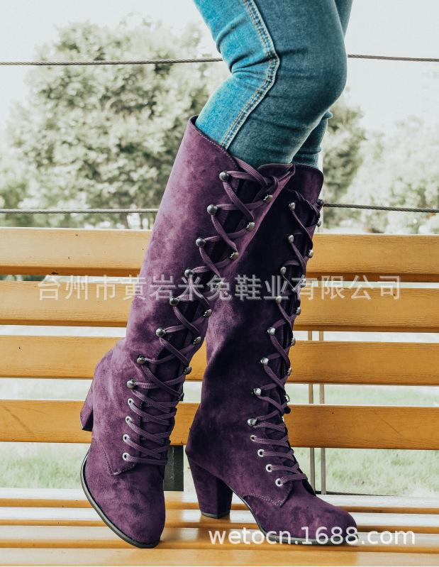 

Ботильоны женские большого размера, средней высоты голенища, на высоком каблуке, с квадратным носком, на толстом каблуке, на шнуровке спереди, модные сапоги-рыцари 43 фиолетовый