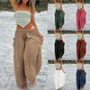 Elastic waisted pleated high waisted wide leg pants, loose casual cotton and linen pants