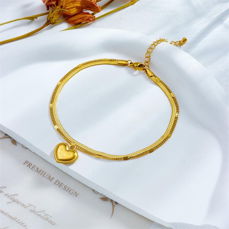 Gold Stainless Steel Double Snake Chain Heart Anklet Women Non-tarnish Puffed Charm