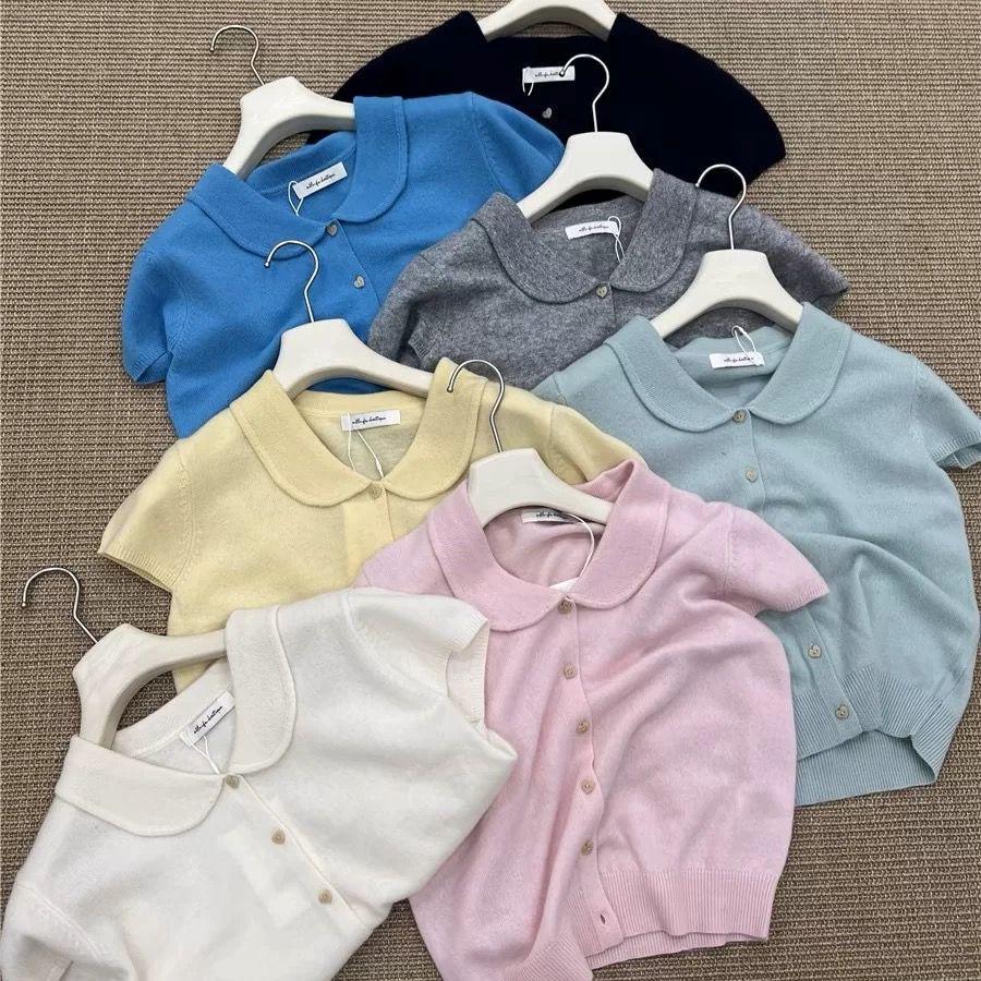 

Желтый укороченный женский летний трикотажный топ с рукавами-крылышками и воротником Питер Пэн Medium чёрный