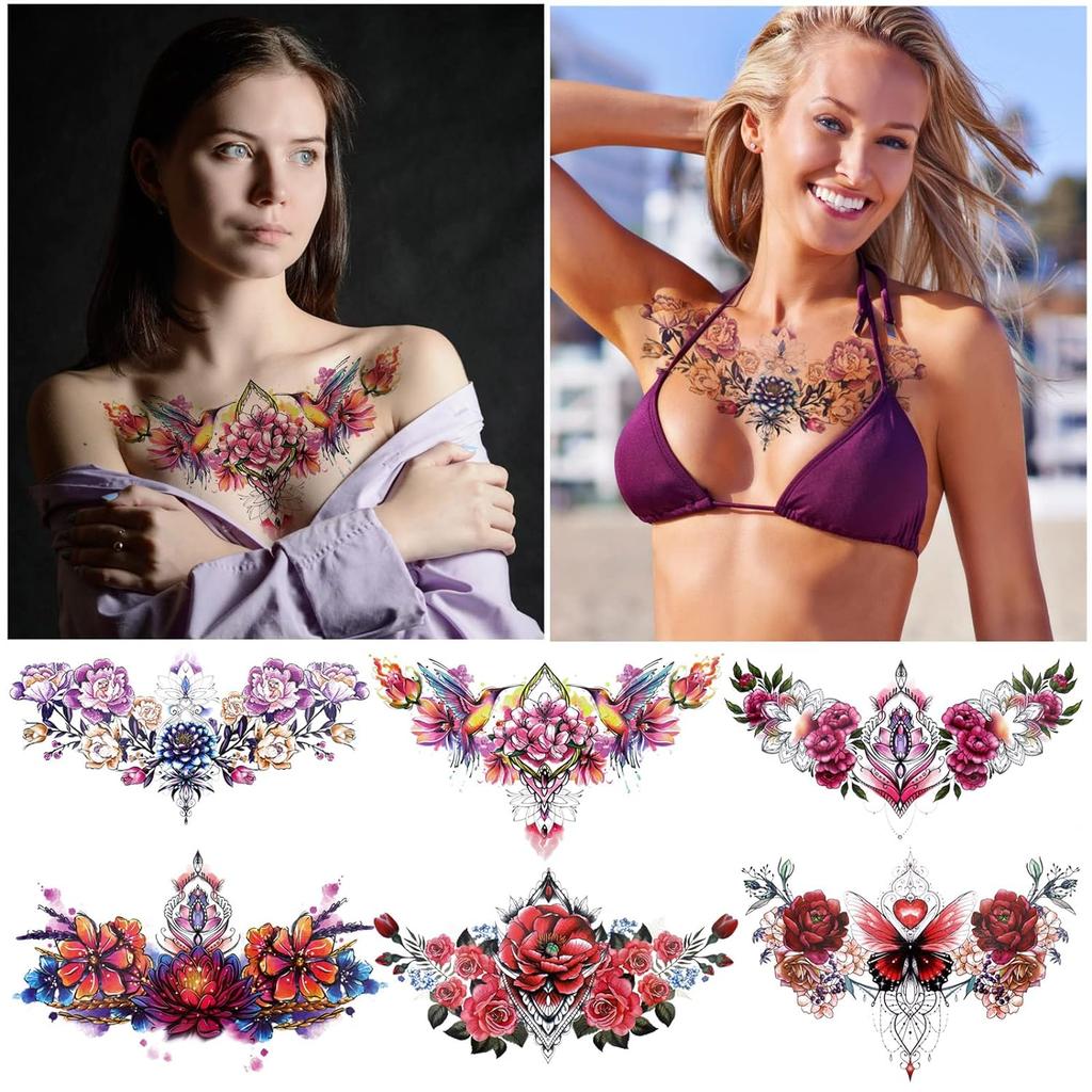 10 Sheets Vivid Chest Temporary Tattoos For Women Girls Large Adult Temporary Tattoos Rose Flower Jewel Fake Tattoos