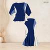 Women Plus Size Blue White Printed Two Piece Set Round Neck Batwing Short Sleeve Ruffle Hem Top Fishtail Skirt