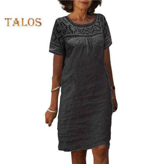 

Женские летние пляжные короткие платья с коротким рукавом и круглым вырезом, кружевное мини-платье, повседневный свободный хлопковый льняной сарафан XL чёрный