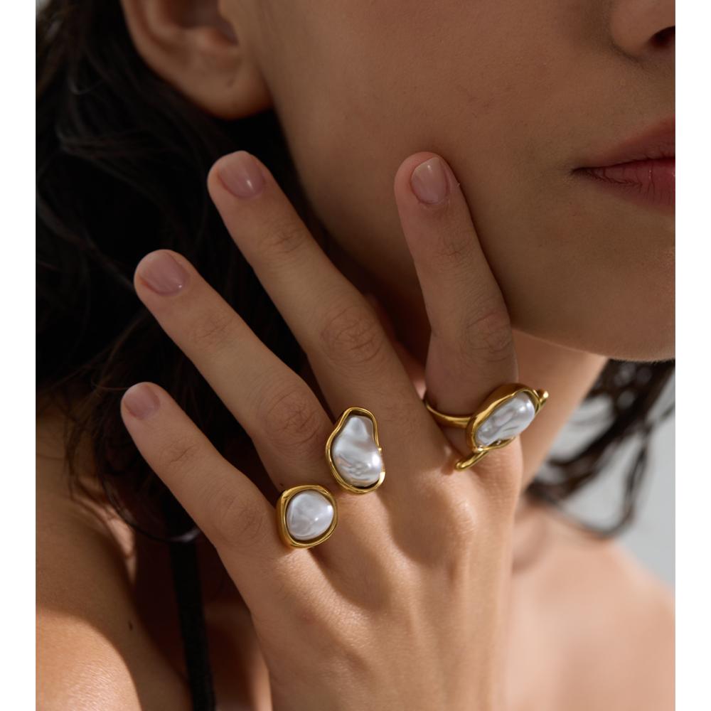 Yhpup Popular Baroque Imitation Pearls Golden PVD Open Ring Women Stainless Steel Rust Resistant Fashion Cast Finger Jewelry