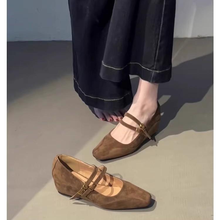 Sheepskin version~ Retro inner height increase square head single shoes one-word buckle commuting temperament French slope heel Mary Jane shoes women