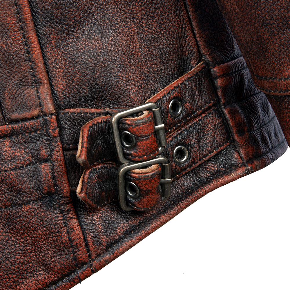 Men's Leather Jacket Vintage Red Brown Real Cow Leather CoatTurn Down Collar Spring Autumn