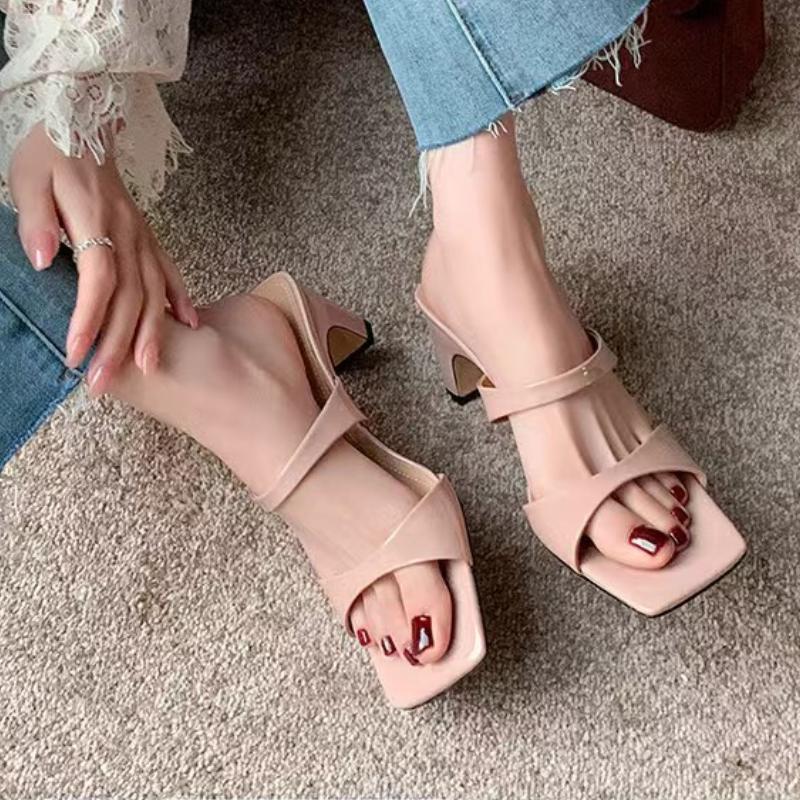 2024 Summer New Women's Slippers Square Toe Elegant Narrow Strap Solid Color Casual Sandals Women's Dress Shoes Large Size 43