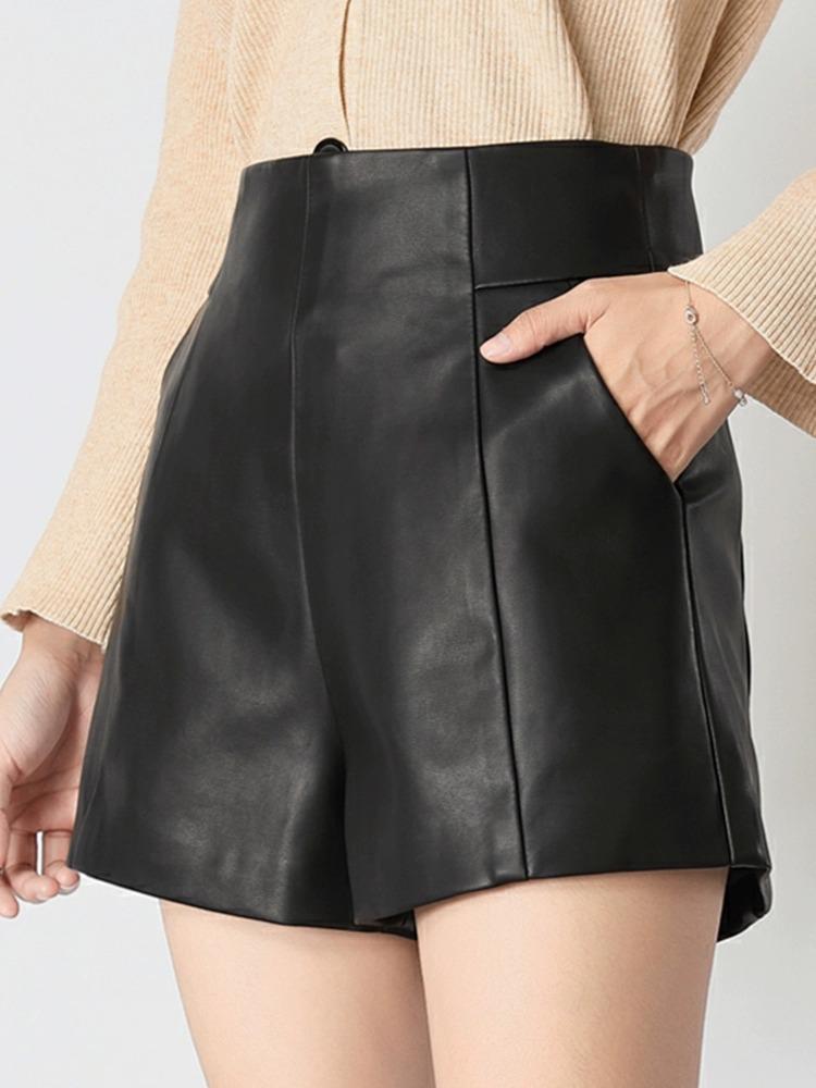 2026 Fall Trendy Women s High-Waist Black Leather A-Line Shorts - Slimming, Wide-Leg, Loose Fit XS чёрный