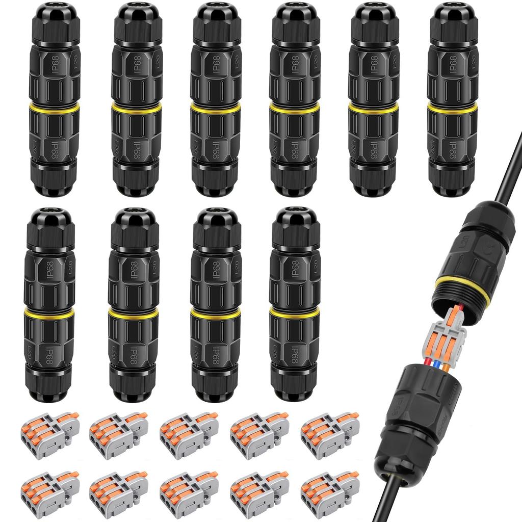 10-Pack IP68 Waterproof 2 Pin Electrical Cable Connector, Outdoor 2 Way Junction Box 4-10mm Adjustable Wire Box, with Replaceable 1 In 2 Out Lever