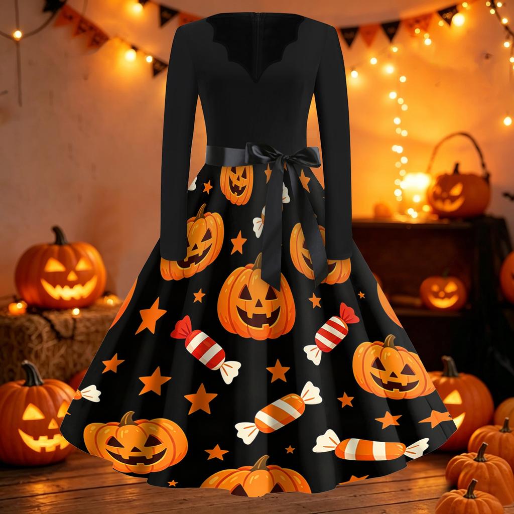 Damen Vintage Halloween Print V-Ausschnitt Kleid - Lässiges Langarm Retro Party Outfit