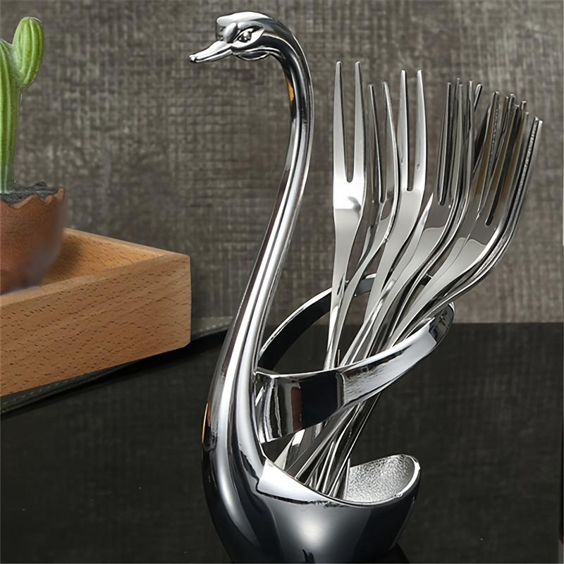 6pcs Set Stainless Steel Fruit Fork  Dessert Fork, Cake Two Tooth Fork, Creative Swan Base Tableware Storage Rack