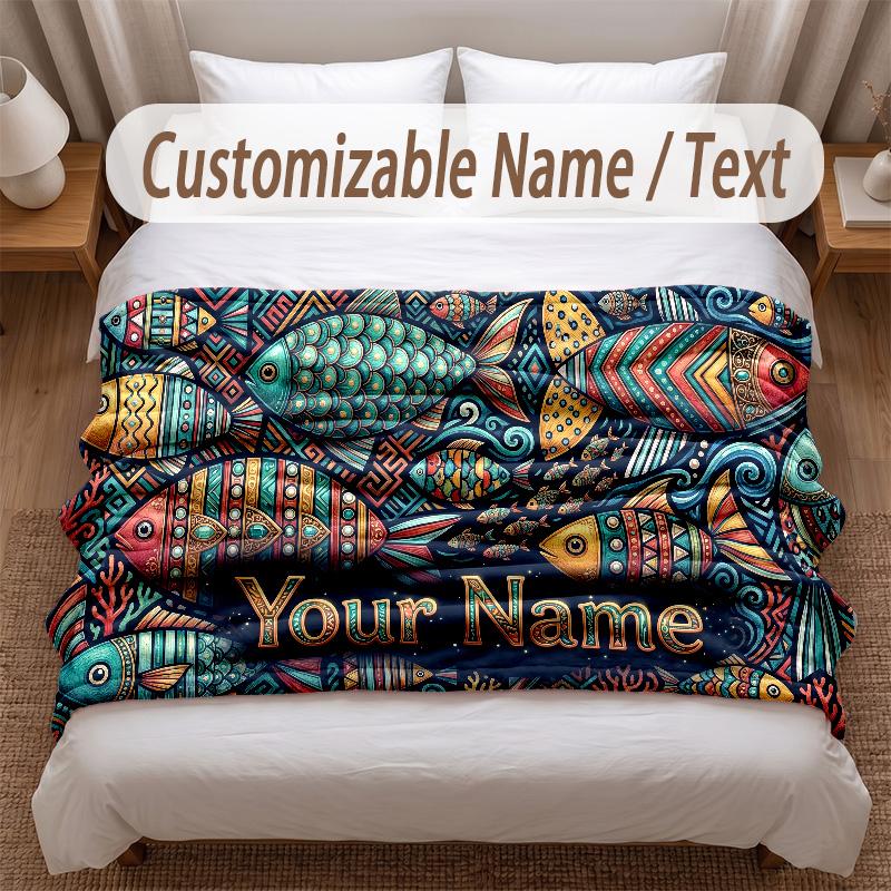 Fish Ocean Theme Soft Blanket Personalized Custom Name Text Print Warm Blanket Home Sofa Bedroom Decor