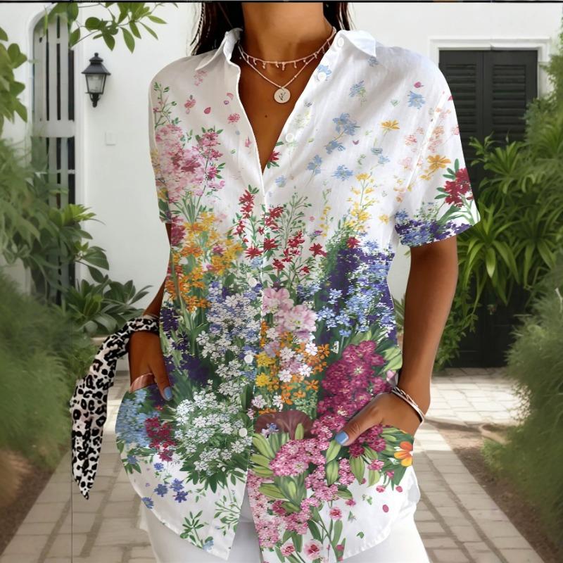 Women Turn Down Collar Floral Print Short Sleeve Button Down Casual Blouse with Pockets XS