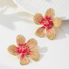 One Pair of Pink Enamel Five-Petal Flower Earrings with Pleated Design for Women.