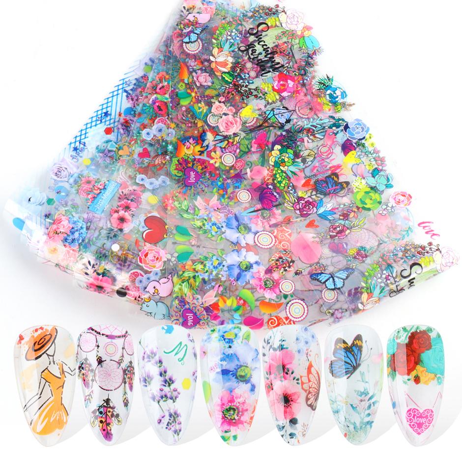 Lot de 10 Stickers de Transfert Foils pour Nail Art Variés Motifs Fleurs Roses Ciel Étoilé Floral Wraps pour Ongles Décor Manucure Mariage