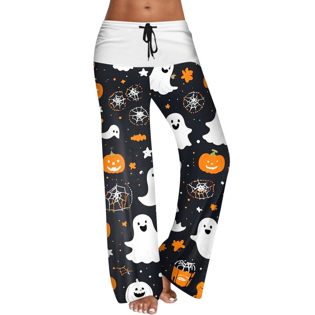 Women's Drawstring Elastic Waistband Wide Leg Color Matching Halloween Printed Casual Pants