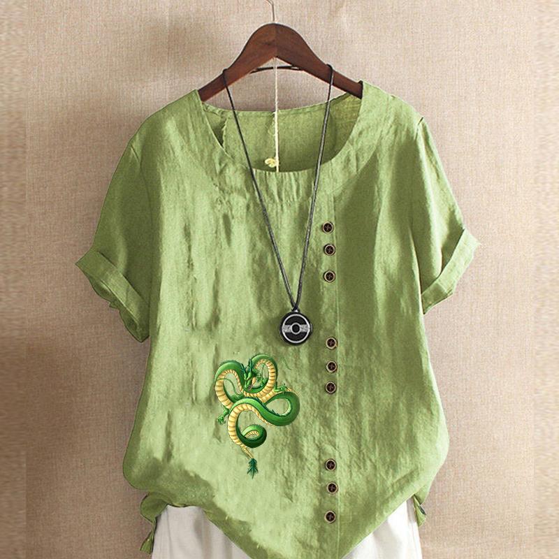 

Женская мода Loong Printed с круглым вырезом и коротким рукавом футболка повседневная хлопковая льняная рубашка с рисунком свободная летняя блузка топы 5XL зелёный