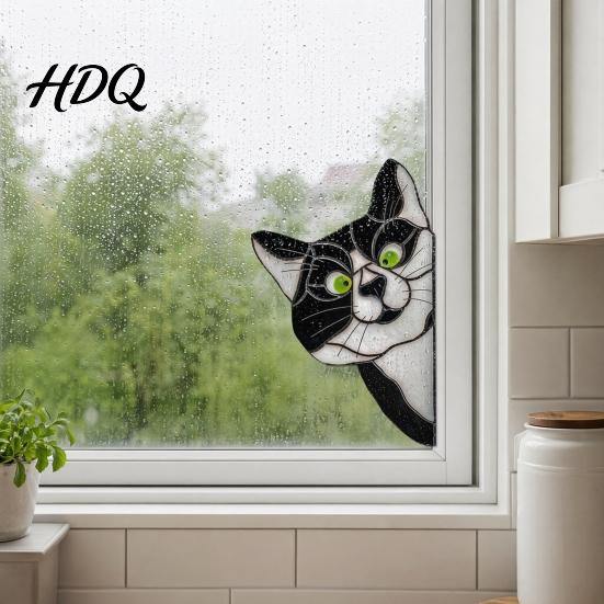 Sunlight Catching Cat Sticker Stained Glass Window Cling Vintage Colorful Kitty Decal Removable Static Cling for Door Wall Car UV-Resistant