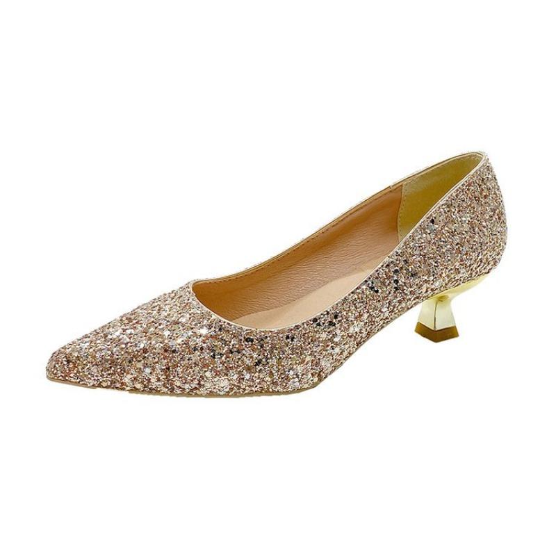 Autumn new sequined stiletto single shoes pointed head shallow mouth high heels medium heel bridesmaid bride shoes
