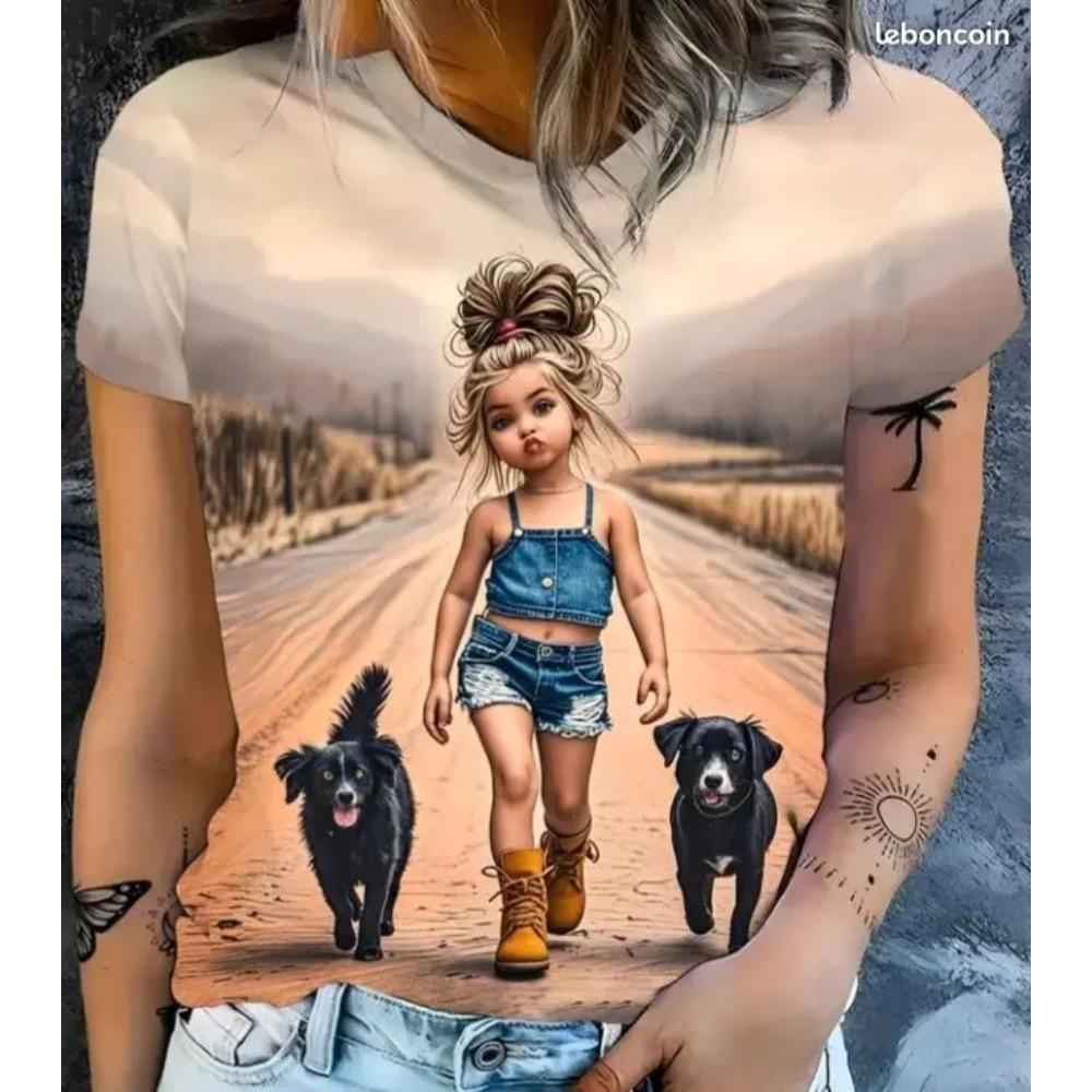 Letnie T-shirty damskie z krótkim rękawem, modne, casualowe, z nadrukiem graficznym 3D kreskówkowej dziewczyny i kota z okrągłym dekoltem