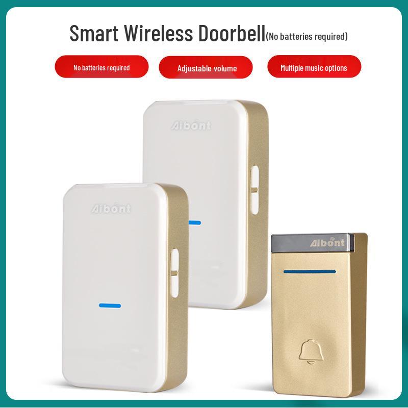 Battery-Free Smart Wireless Doorbell with One Transmitter & Two Receivers, EU/US Plug, Long Range, Waterproof.
