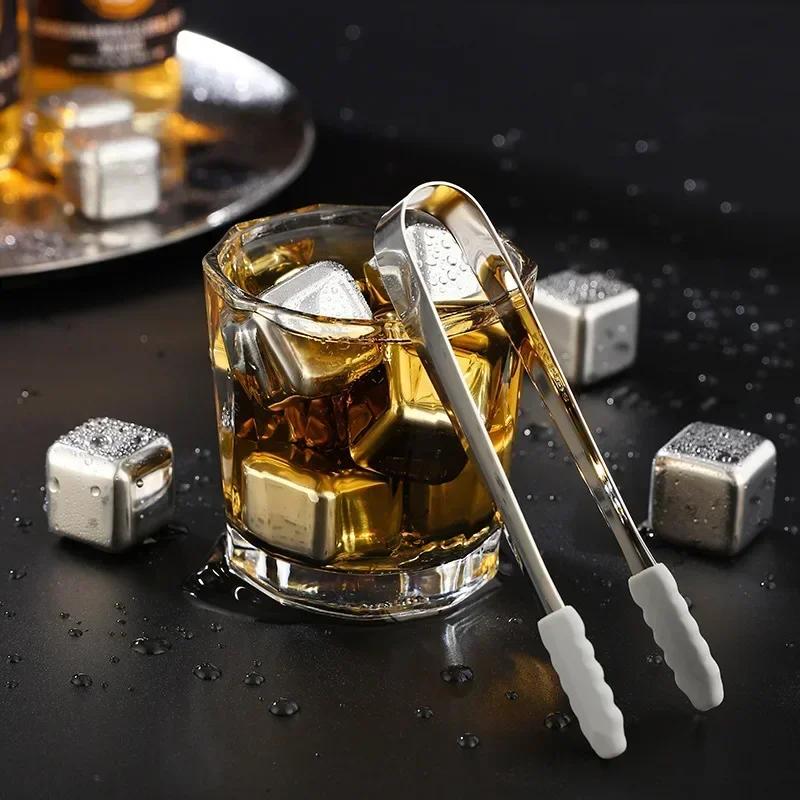 4/6/8pcs Stainless Steel Ice Cubes Set Juice Beer Wine Whisky Cooler Rocks Food Grade Reusable Cooling Cube Home Party Bar Tools