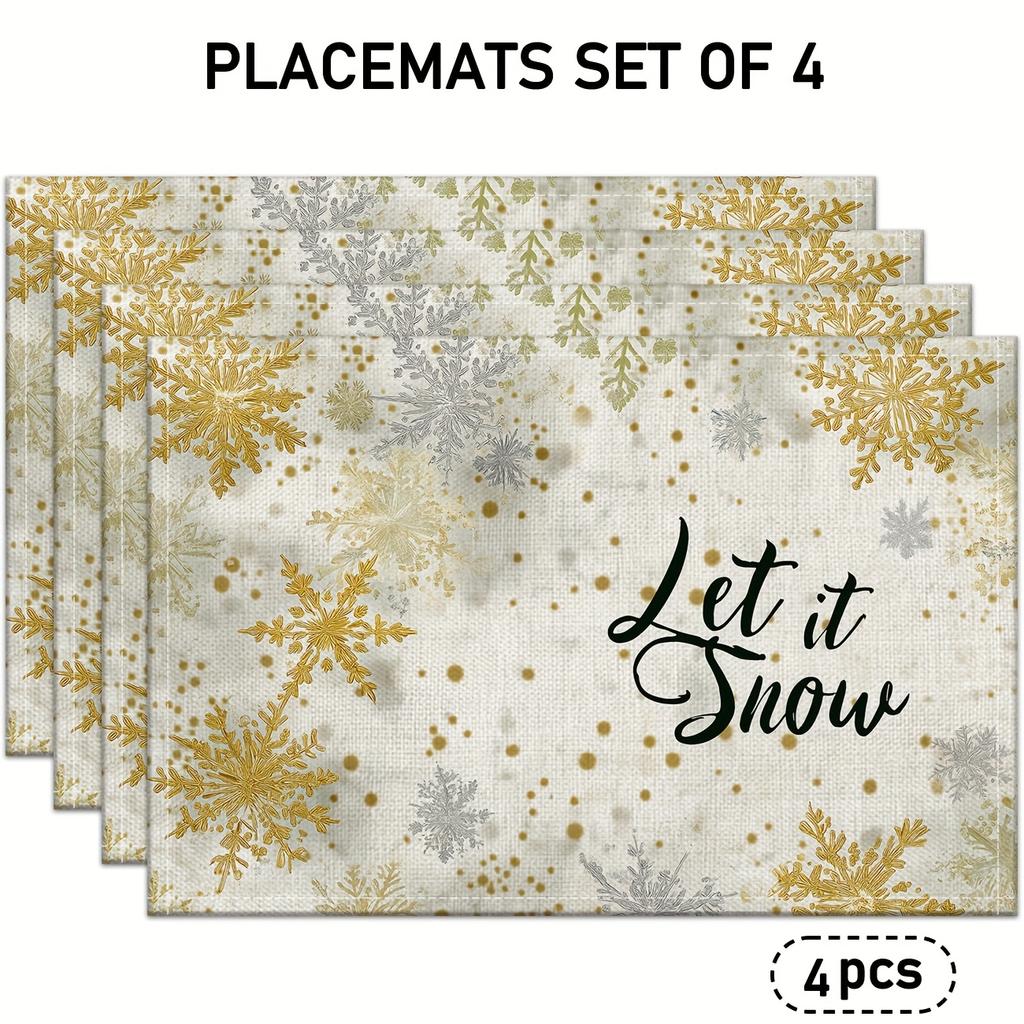 4/6pcs, Winter Christmas Snowflake Placemats, Linen Table Mats Featuring Golden Snowflakes and Polka Dot Snowflake Ornaments, Suitable for Holiday Kit