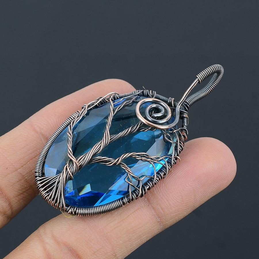 Tree Of Life Swiss Blue Topaz Copper Wire Wrap Jewelry Pendant 2.48" I3Z46