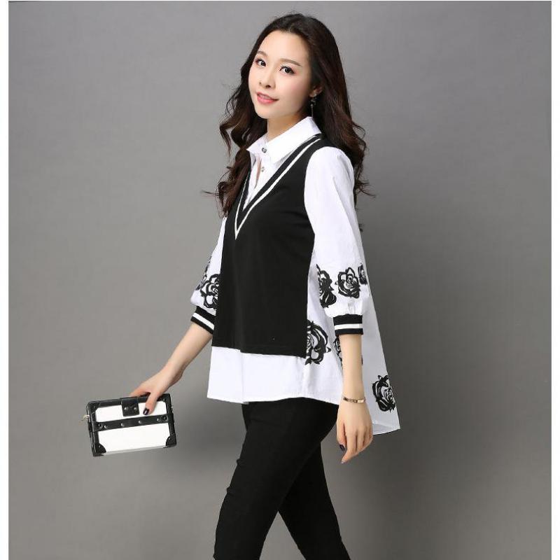 Pavasario korėjietiški laisvi netikri dviejų dalių moteriški laisvalaikio marškiniai, negabaritinė palaidinė