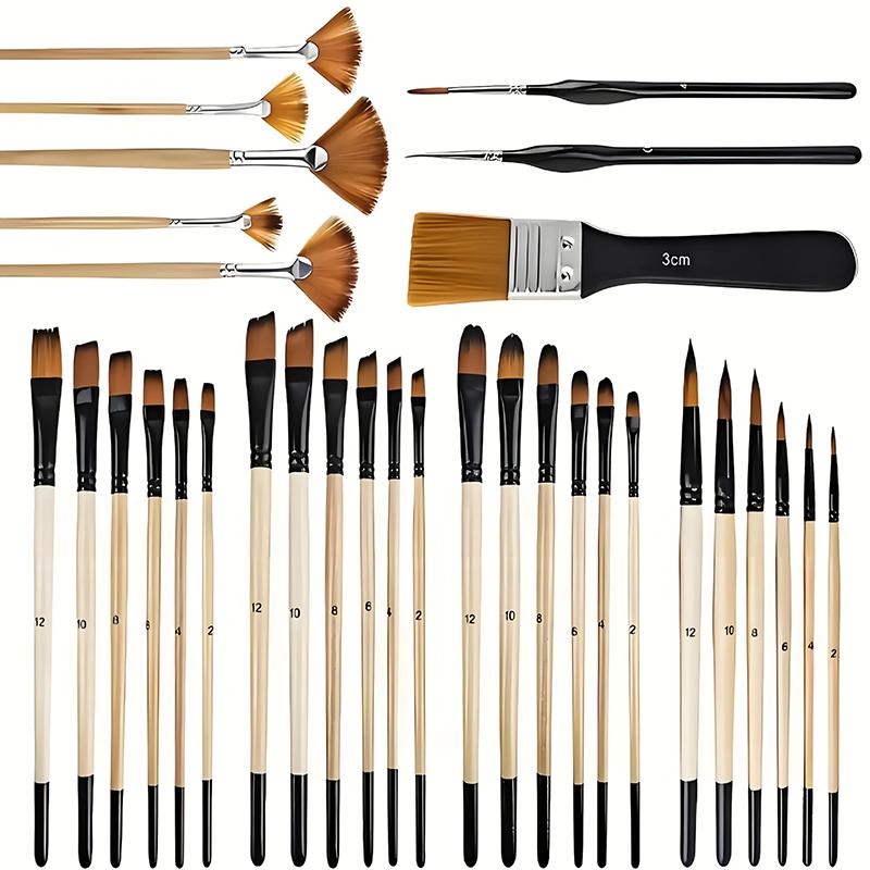 32Pcs Paint Brush Set For Acrylic Painting Premium Nylon Bristles With Round Filbert,Flat,Fan,Angle,Fine Detail Brush For Artist