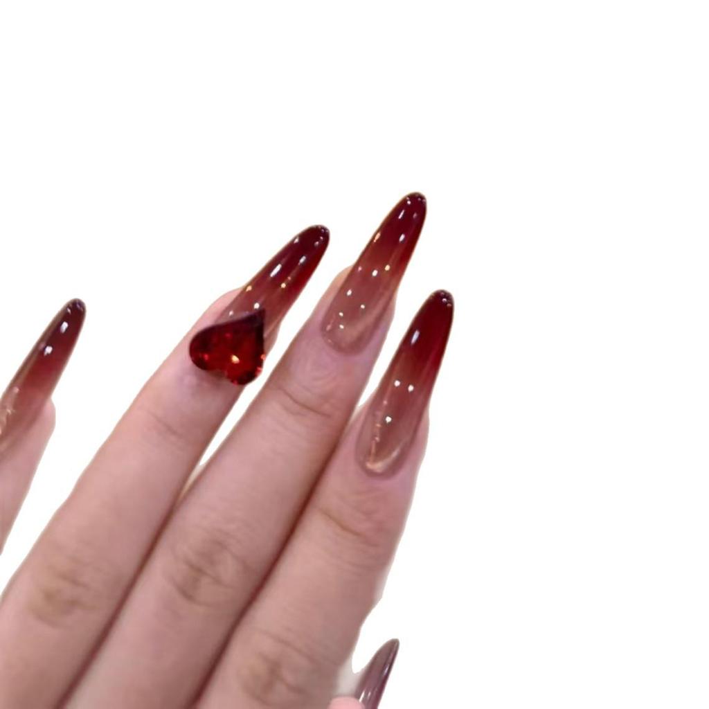 Wine Red Gradient Cat Eye Peach Heart Nails - Versatile, Handmade, Wearable for Daily Use