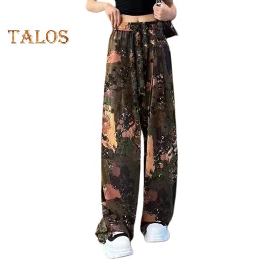 

Женские летние повседневные брюки с эластичной резинкой на талии и регулируемым галстуком, прямые широкие длинные брюки, камуфляжные полосатые брюки с принтом для отдыха, уличная одежда кофейный