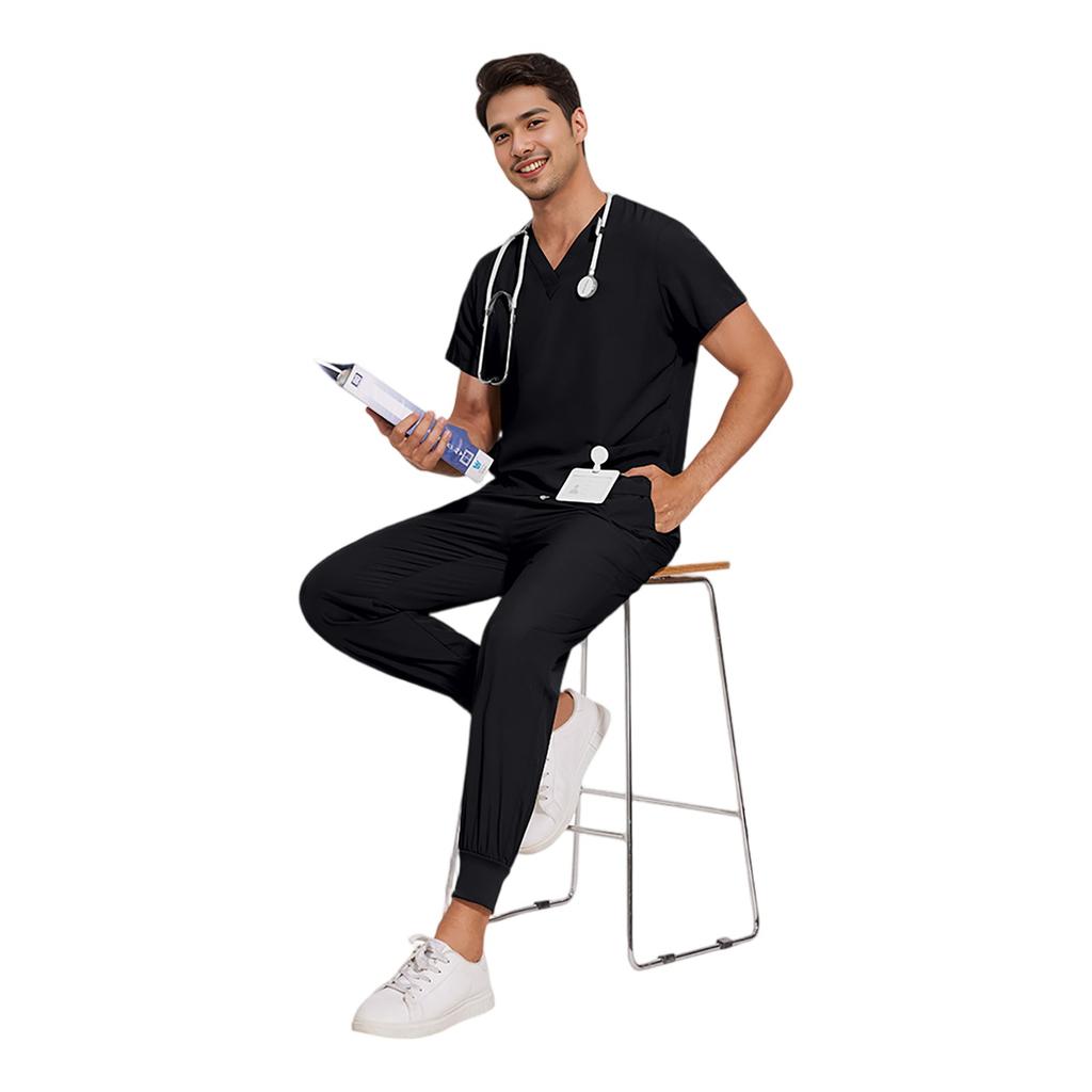 Soild Scrub Working Uniform Suit For Men's Cross V-Neck Short Sleeve Fun T-Shirts Workwear Tee With Pockets