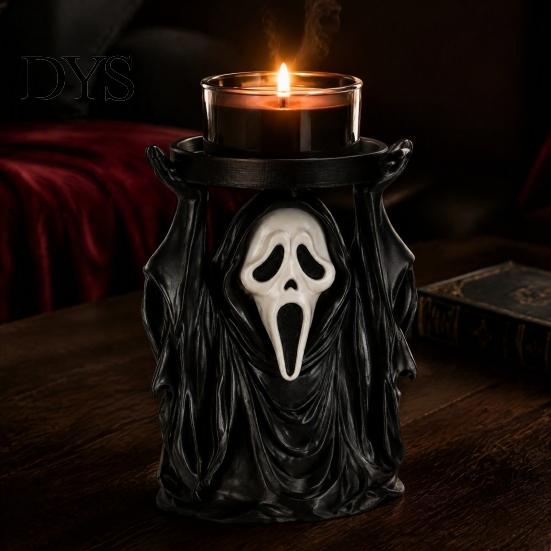 Creepy Figurine Ornament Halloween Grim Reaper Candle Holder, Spooky Screaming Ghost Candlestick Tealight Themed Night Light Stand Table Centerpiece