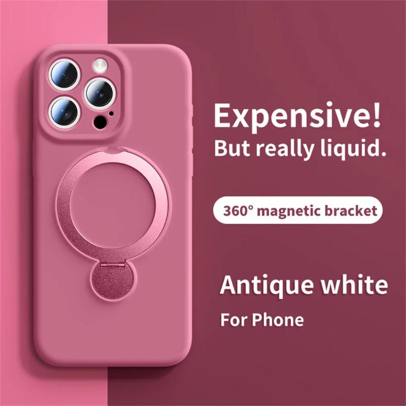 Magnetic Bracket Phone Case For iPhone Air 17 16 15 14 13 Pro Max for Magsafe Liquid Silicone 360°Rotate Metal Ring Stand Cover
