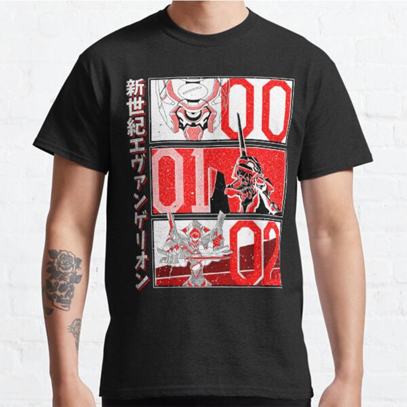 Plus Size Anime Evangelion Printed Unisex T Shirts Round Neck Cotton Tops Summer Casual Black Tees