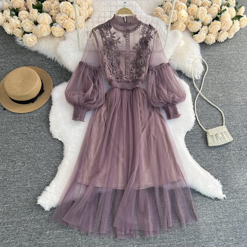 Ladies Dress Three Dimensional Flower Hook Mesh Temperament Stand Collar Lantern Sleeve High Waist Slim Female Dresses
