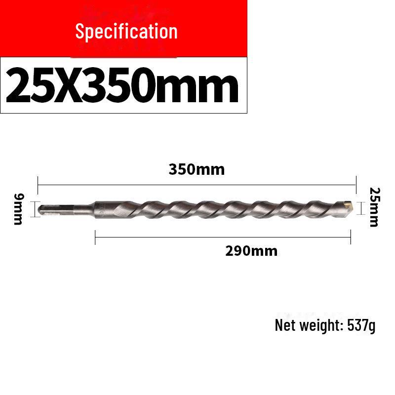 Impact Hammer Drill Bit for Drilling Through Concrete and Cement Walls with Round and Square Handles, Two Pits, and Two Grooves.