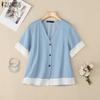 ZANZEA Women Casual V-neck Lace Patchwork Short Sleeve Loose Blouse