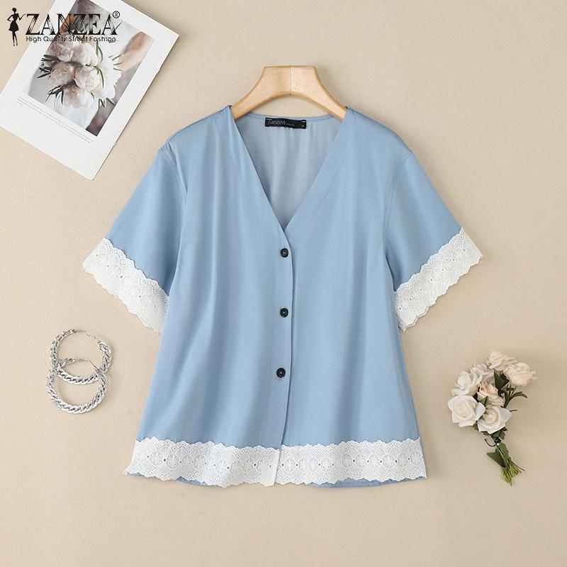 ZANZEA Women Casual V-neck Lace Patchwork Short Sleeve Loose Blouse