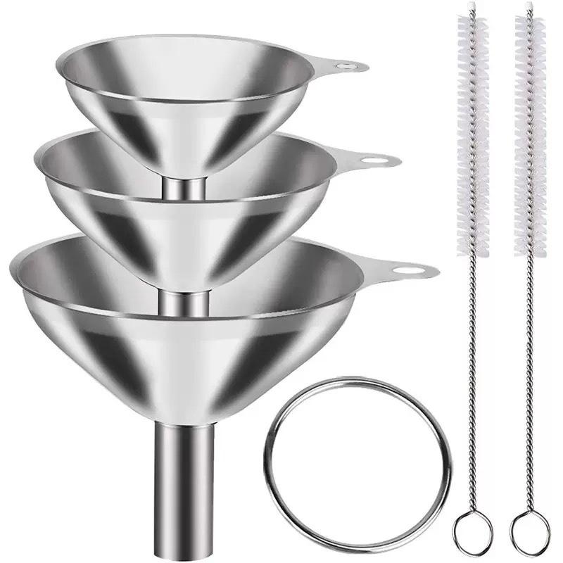 Stainless Steel Funnel Three Piece Set With Brush Mini Funnel Oil Funnel Wine Funnel Integrated Liquid Dispenser