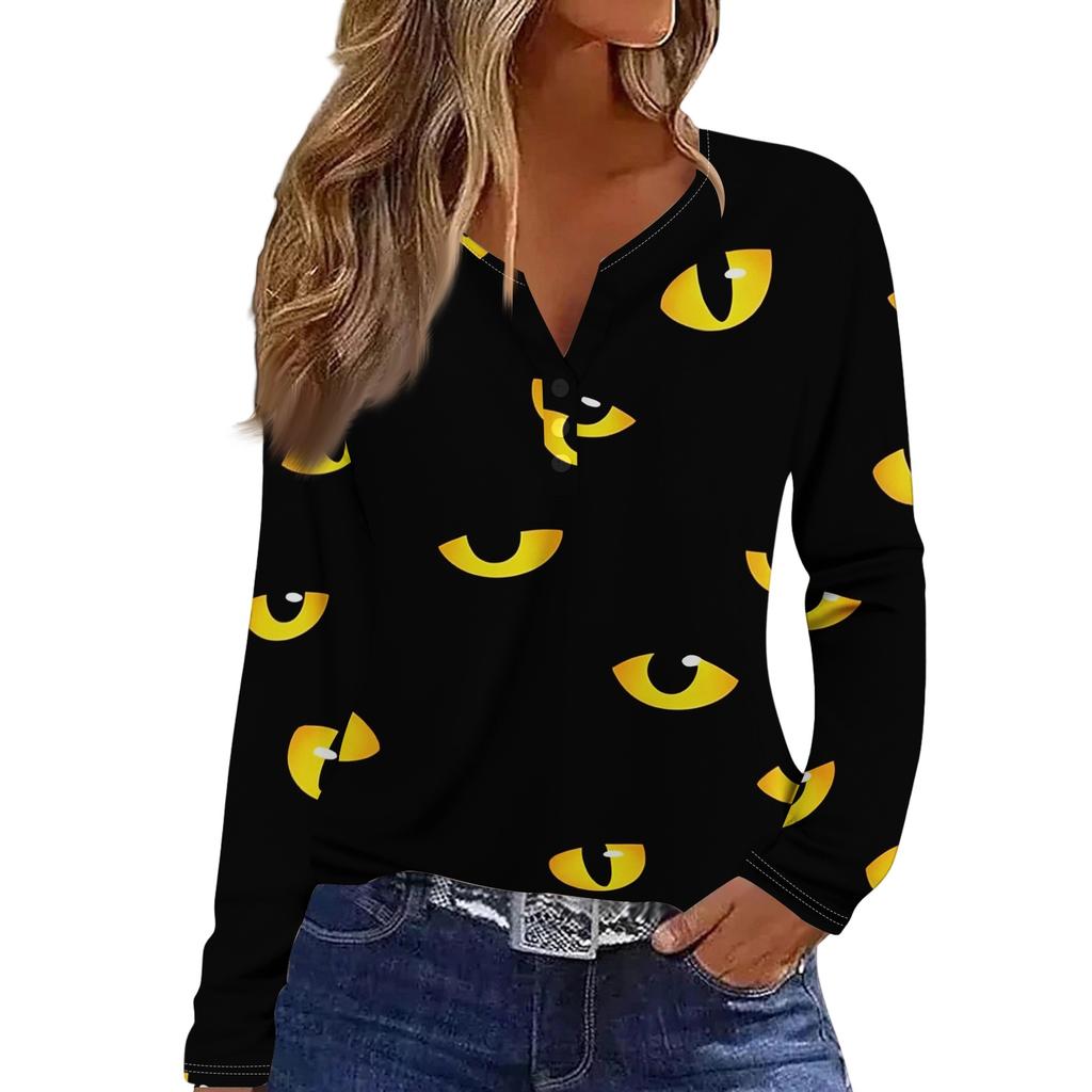 Women's Fashion Casual Halloween Printed V-Neck Button Trim Long Sleeve T-Shirt Top