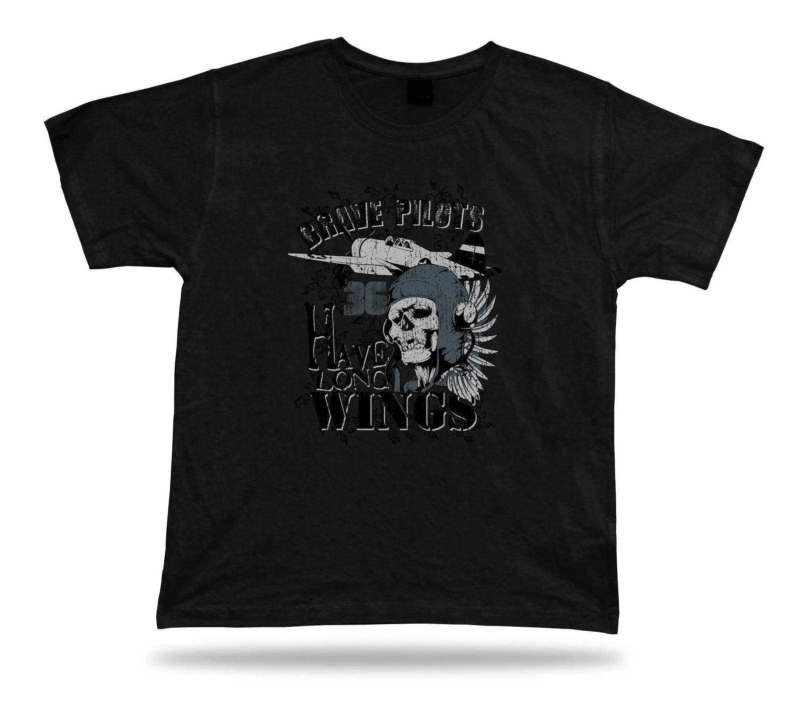 Tshirt Tee Shirt Birthday Gift Idea Brave Pilot Skull Classic Plane Long Wings L