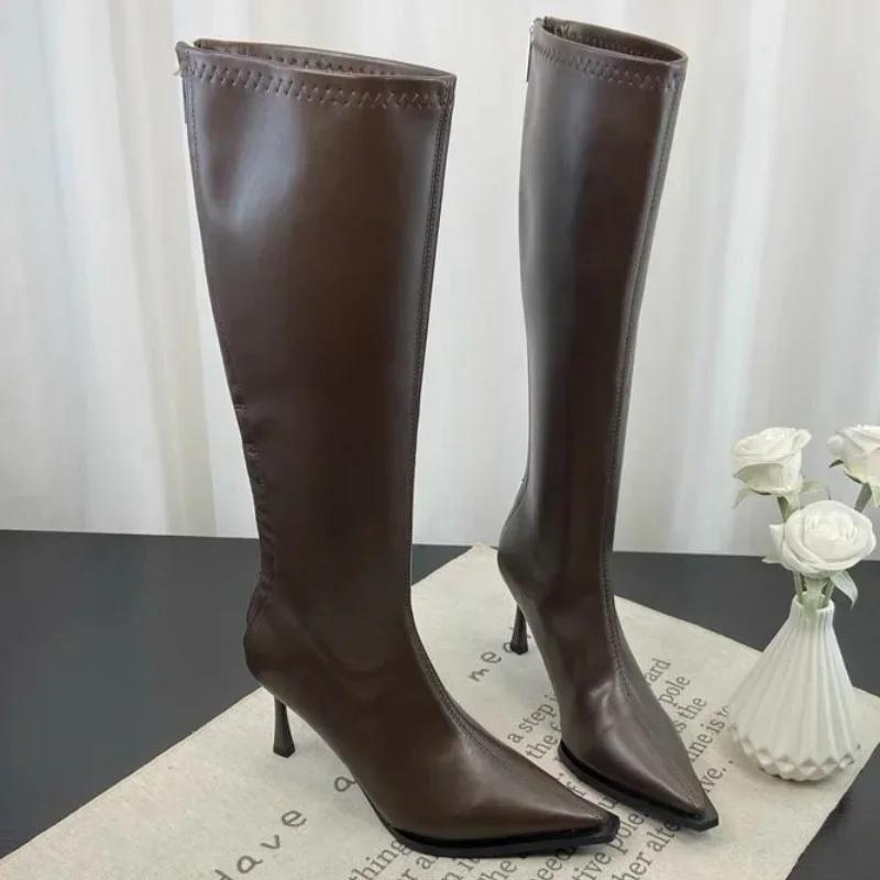 Fashion 2024 New Winter Women's Pointed Toe High Stiletto Heel Pleated Knee High Boots Women's Mid-Leg Comfortable Zapatos De Mujer
