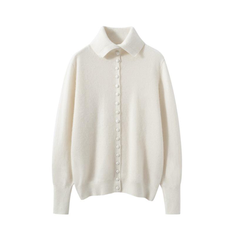 Women's Soft Solid Color Cashmere Knit Cardigan with POLO Collar