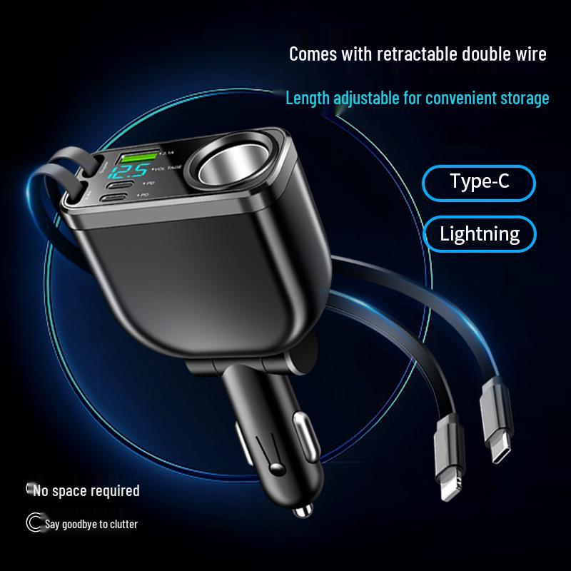 Five-in-One Car Charger with Digital Display and Retractable Cable, PD Fast Charging, and Cigarette Lighter Adapter
