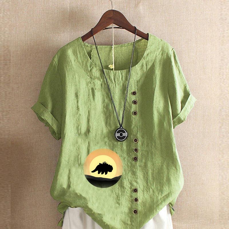 

Женская модная футболка с круглым вырезом и коротким рукавом, повседневная хлопковая льняная рубашка с графическим принтом, летняя блузка с теневым принтом, топы больших размеров 5XL зелёный