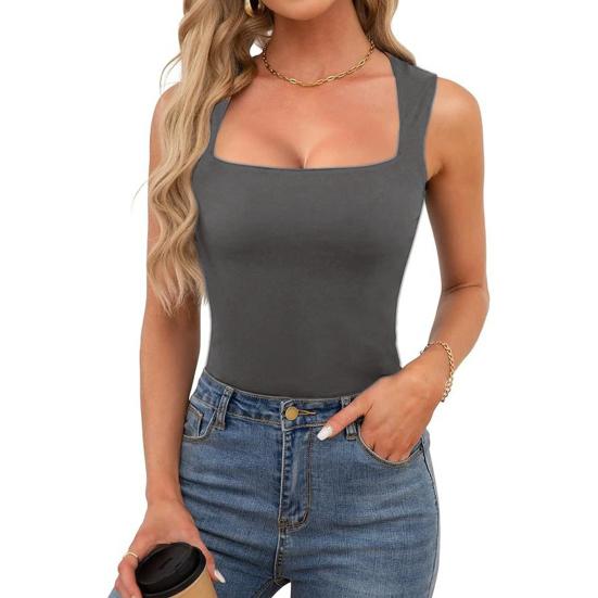 Women Summer Vest Square Collar Wide Shoulder Strap Sleeveless Tank Tops Solid Color Slim Fit Ribbed Camisole